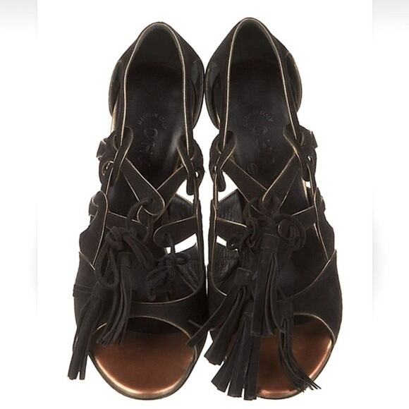 CHANEL Black Suede Tassel Lace Open Toe Heel Sandal IT 36 - Picture 2 of 14